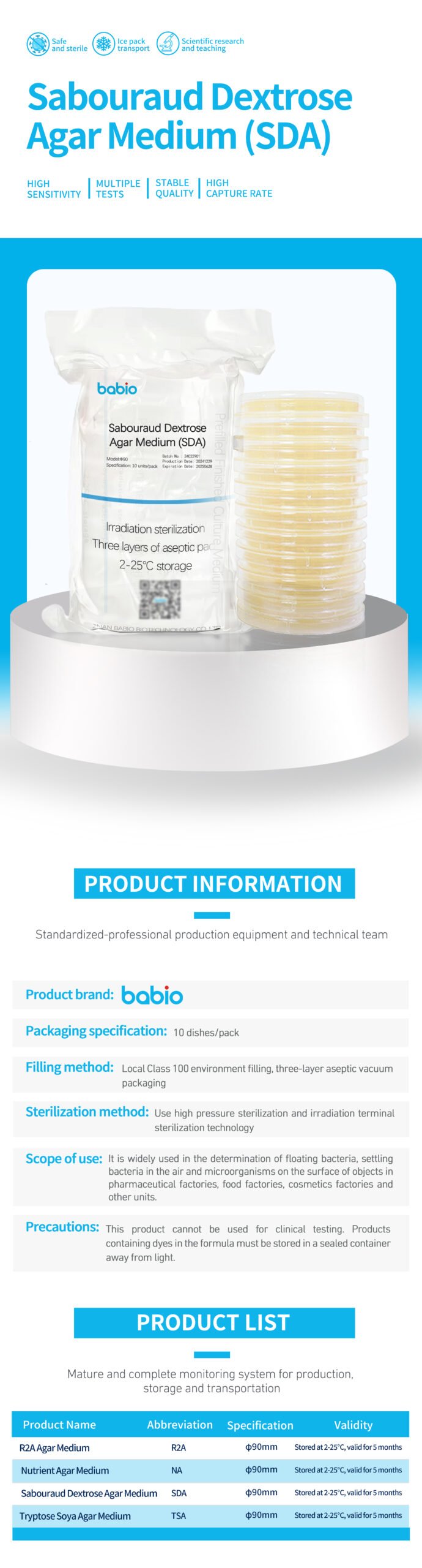 Sabouraud Dextrose Agar Medium (SDA) - High Stability, High Capture Rate, Multiple Sensitivity Tests