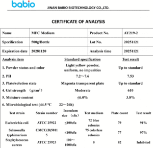 Selective MFC Agar medium for membrane filtration and fecal coliform detection in drinking water.